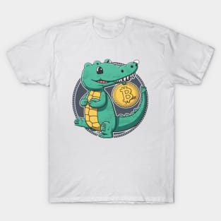 Cartoon Crocodile with a Bitcoin Coin - A Must-Have for Cryptocurrency Fans! T-Shirt